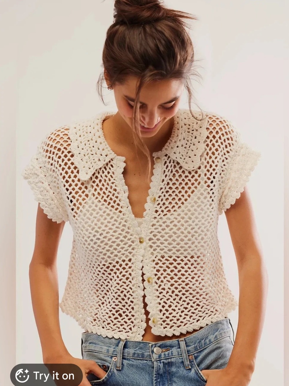 Free People Cream Crochet Button-Front Short Sleeve Top - Picture 1 of 4